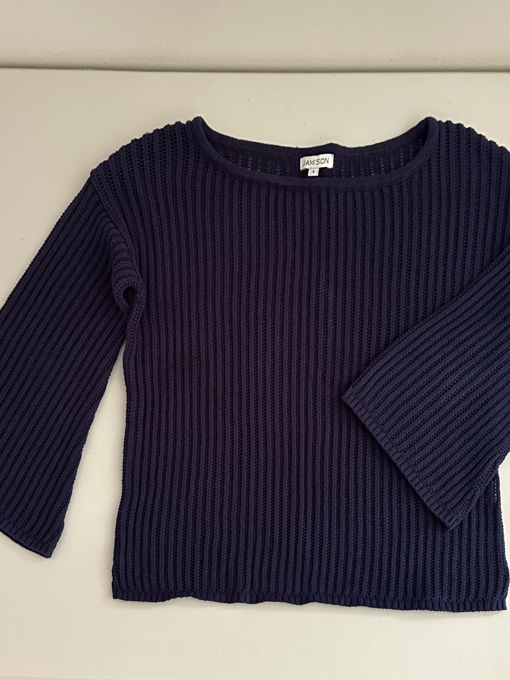 Jamison Navy Ribbed Knit Cotton Sweater S Coastal Nautical Fisherman Minimalist